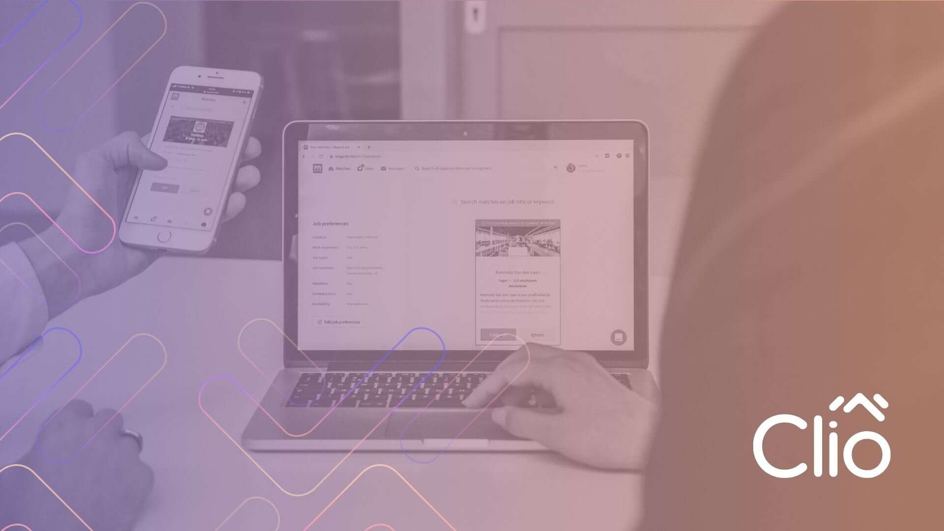 Two people work together at a desk, one using a laptop and the other holding a smartphone. The screen displays a webpage with distinctive website fonts. The Clio logo is visible in the lower right corner of the image. - Clio Websites | Top Canadian Web Design Company