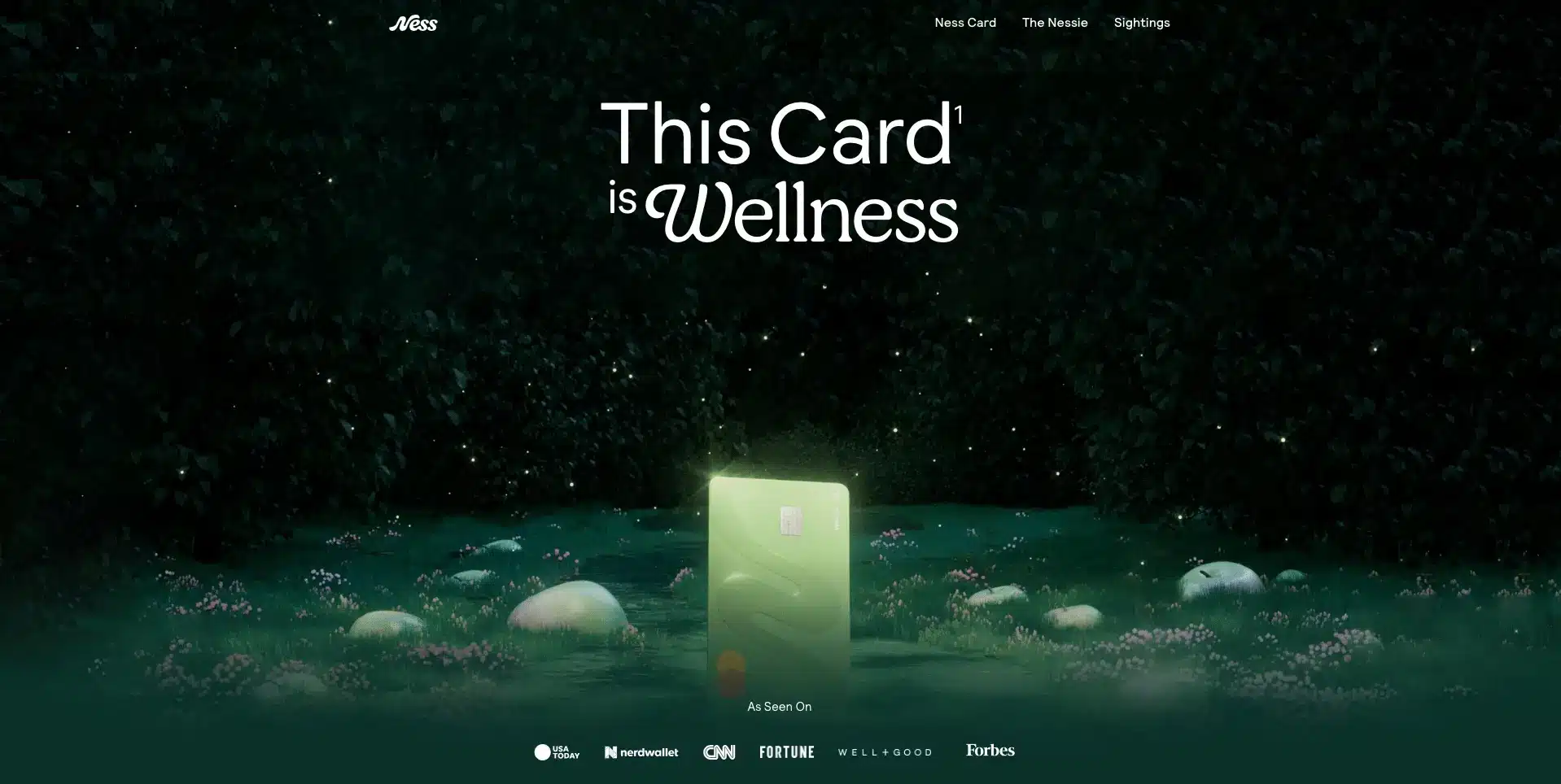 A glowing card stands upright in a serene, mystical landscape with grass, rocks, and subtle light beams. The text above reads "This Card is Wellness." Reminiscent of how we redesigned the Ness website, media outlet logos like CNN and Forbes are featured at the bottom. - Clio Websites | Top Canadian Web Design Company