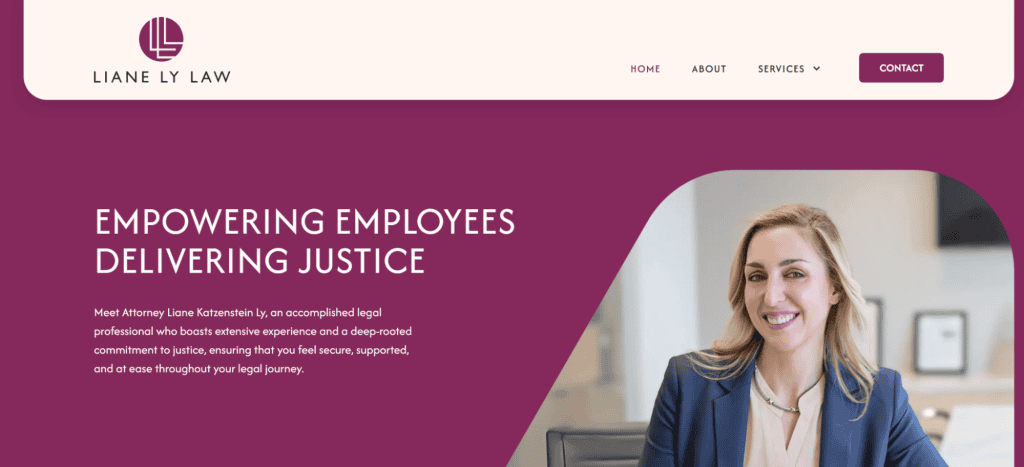 The homepage of Liane Ly Law, a standout in top law firm websites, features a header with the firm's logo and menu options. A smiling professional woman graces the right side, while text on the left declares: "Empowering Employees, Delivering Justice. - Clio Websites | Top Canadian Web Design Company
